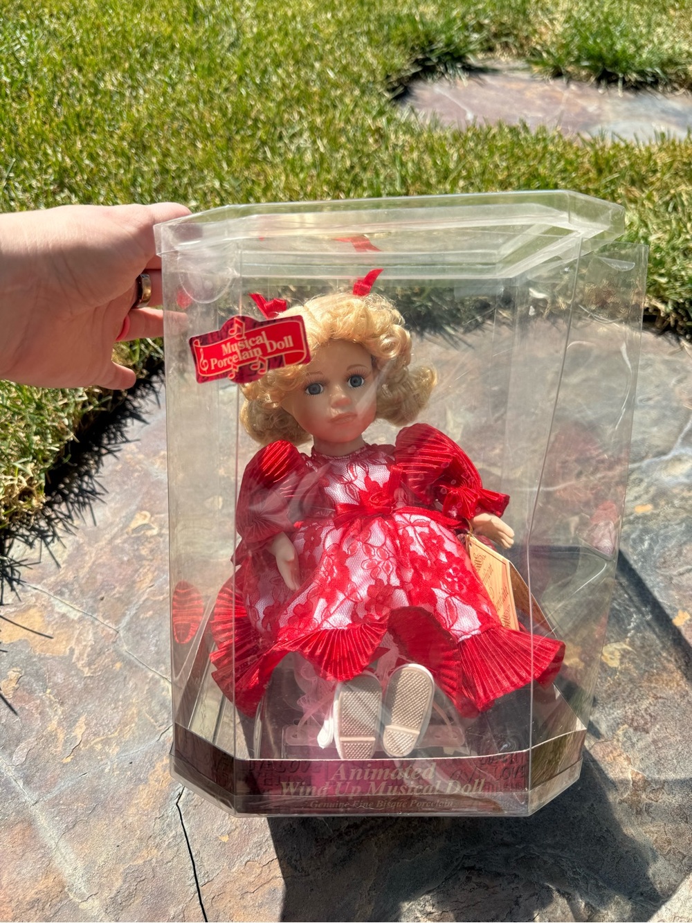 Porcelain Musical Doll in Red Lace Dress - Brand: